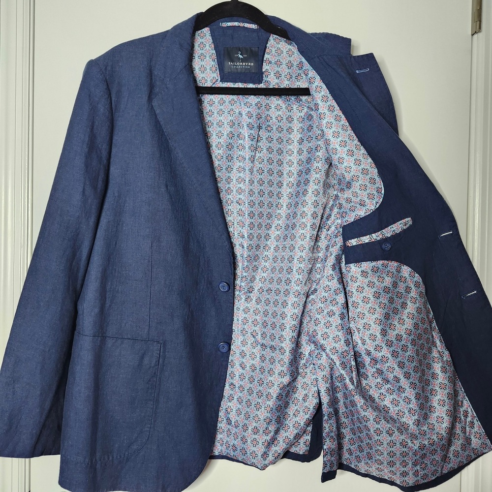 Tailorbyrd Collection Mens Navy Blue Cotton Linen Blend Blazer Sport Coat 44R